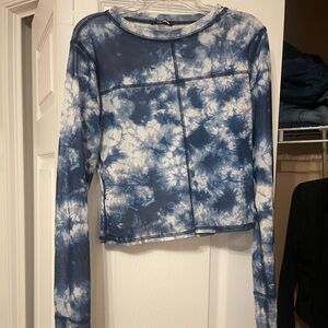 Long sleeve white and blue marble mesh top